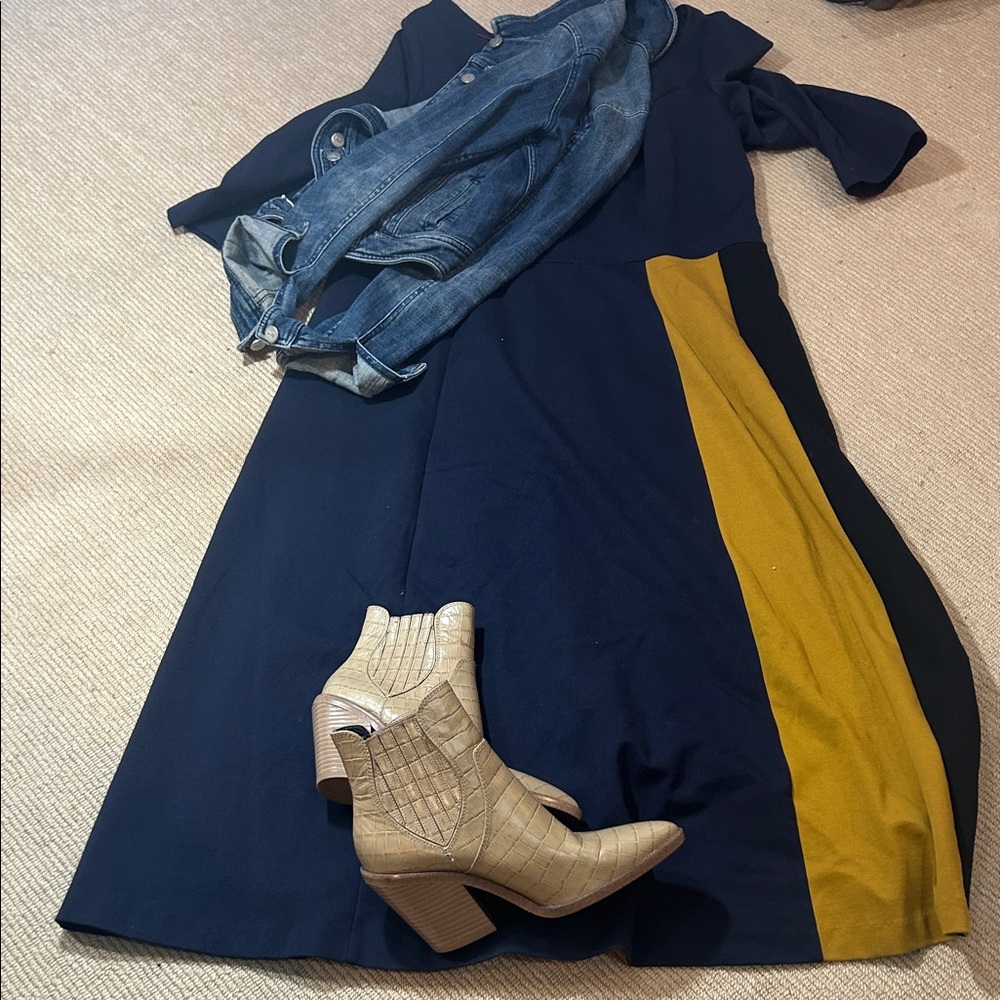 Boden Navy and Mustard Long Sleeve Dress with Denim Jacket